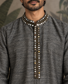 Raakh: Charcoal Mirror-Trim Men's Kurta Set — close-up of the garment details.
