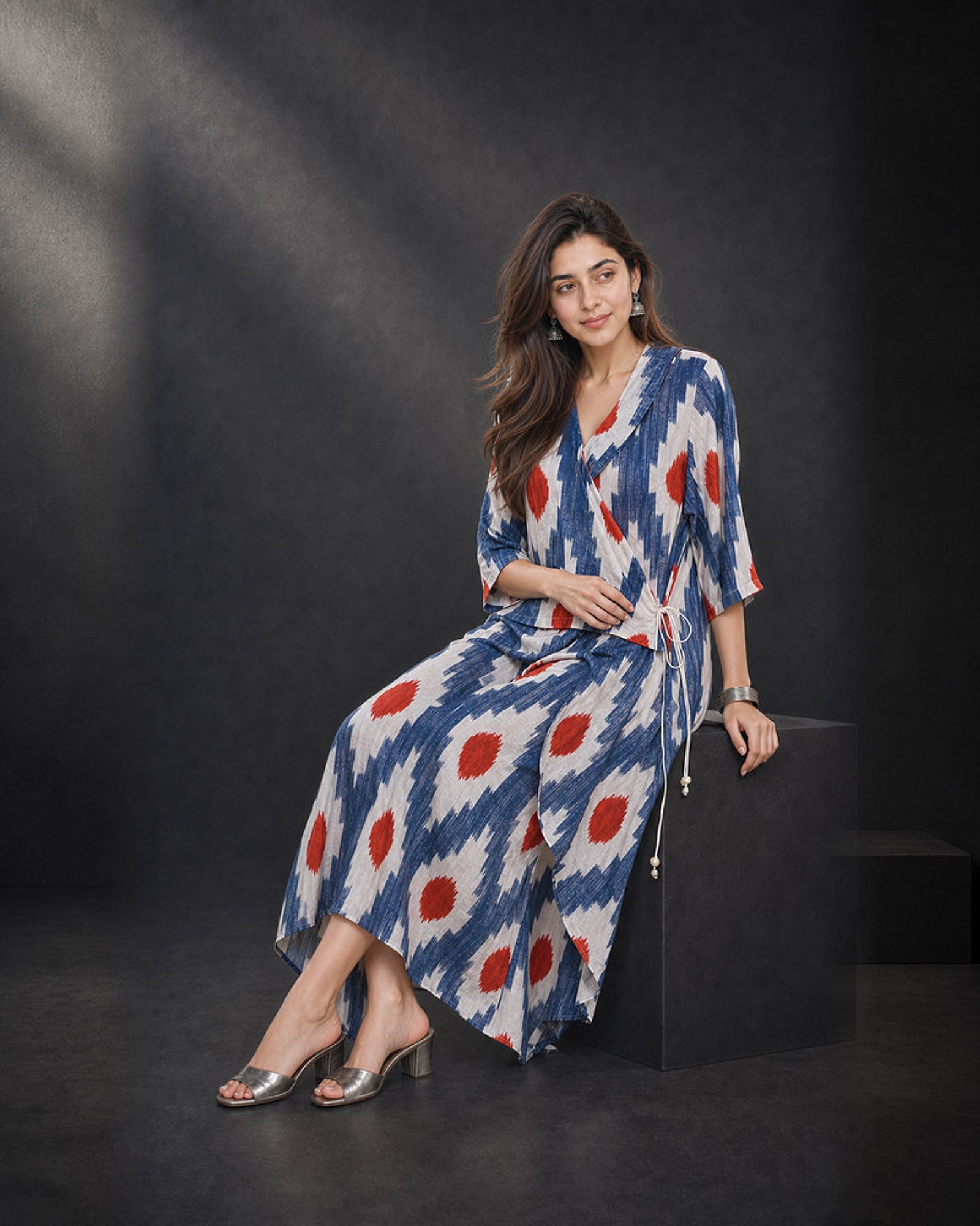 Raavika: Blue & White Angrakha Collar Kurta – seated three-quarter