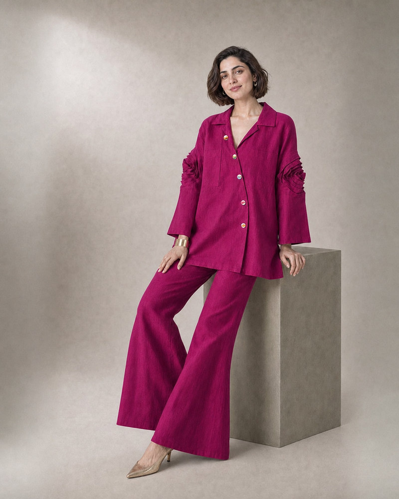 Rangika: Fuchsia Sculpted Linen-Cotton Co-ord Set – profile or documented back