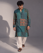 Rangsaaz: Teal Patchwork-Print Men's Kurta Set — full-length view of the set.