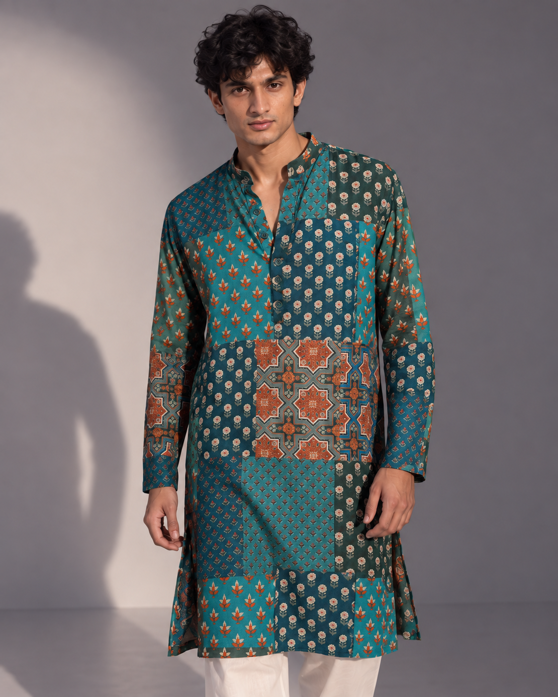 Rangsaaz: Teal Patchwork-Print Men's Kurta Set — portrait view of the kurta set.