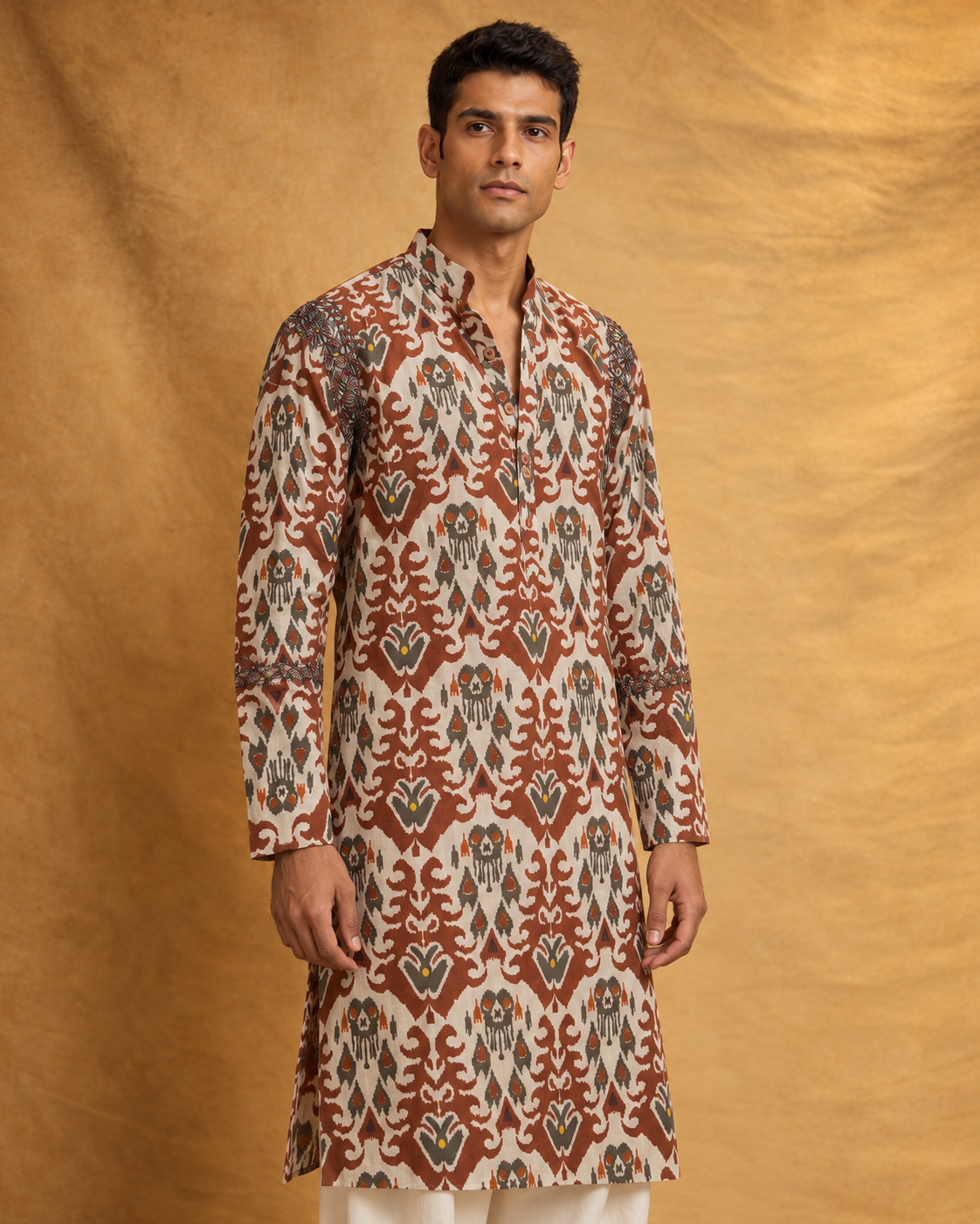 Riwaaz: Rust Printed Embroidered Men's Kurta Set — portrait view of the kurta set.