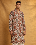 Riwaaz: Rust Printed Embroidered Men's Kurta Set — portrait view of the kurta set.