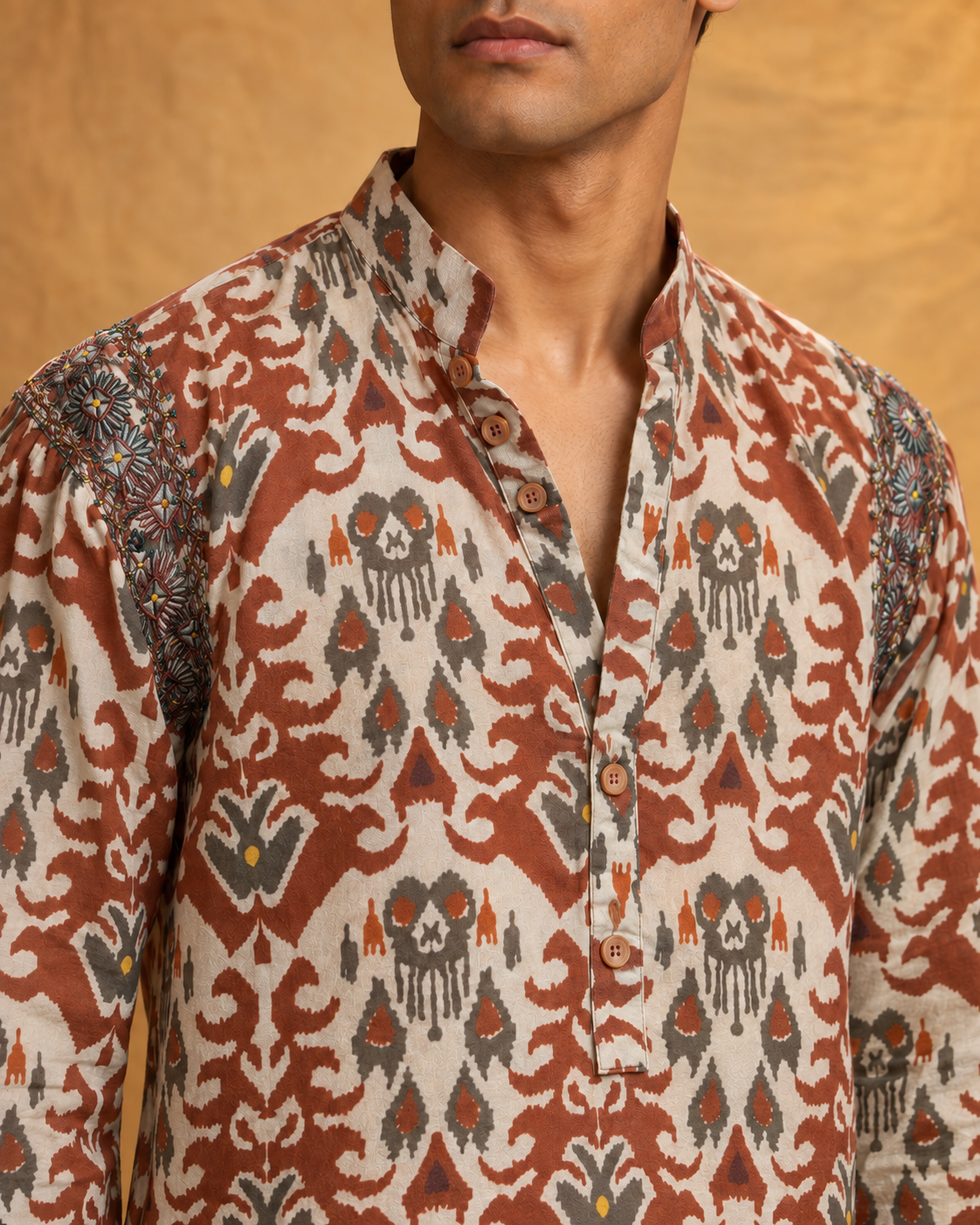 Riwaaz: Rust Printed Embroidered Men's Kurta Set — close-up of the garment details.
