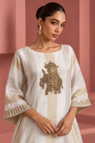 Kashvi by House of Somarra — Portrait view of the embroidered chest motif and sleeve trim.