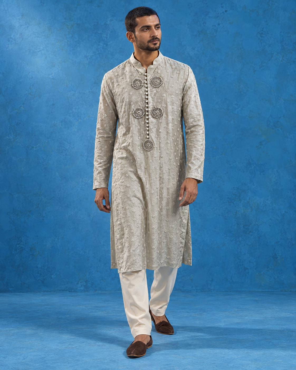 Ruhan: Silver Sage Medallion Men's Kurta Set — full-length view of the set.