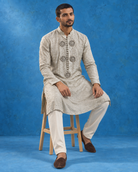 Ruhan: Silver Sage Medallion Men's Kurta Set — portrait view of the kurta set.