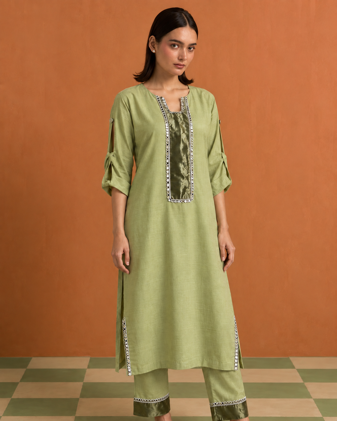 Aabha by House of Somarra — Full-length view of the long tunic with contrasting front trim.