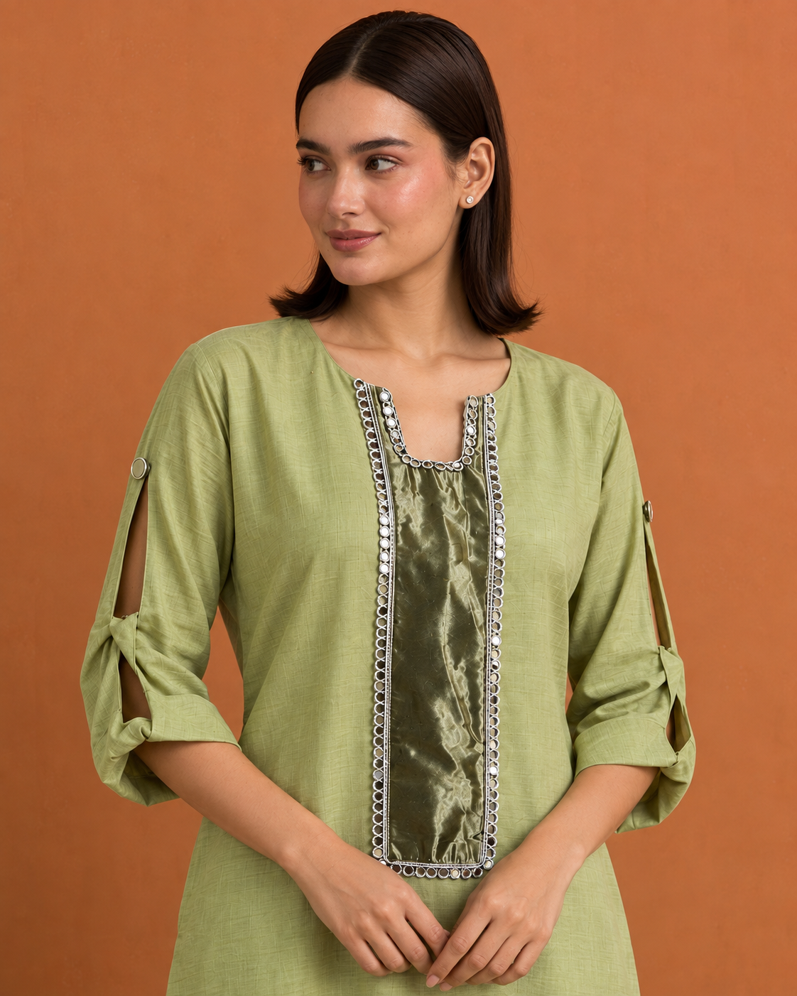 Aabha by House of Somarra — Close-up of the dark mirror-lace neckline and sleeve ties.