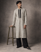 Sarmad: Silver Greige Panelled Men's Kurta Set — full-length view of the set.