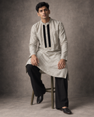 Sarmad: Silver Greige Panelled Men's Kurta Set — portrait view of the kurta set.