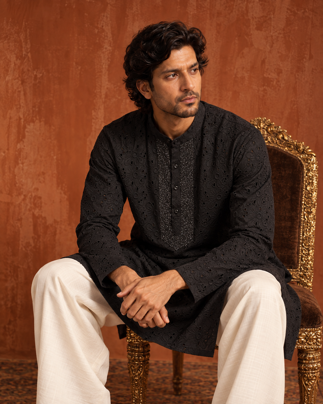 Shab: Black Floral Eyelet Men's Kurta Set — portrait view of the kurta set.