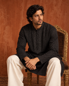 Shab: Black Floral Eyelet Men's Kurta Set — portrait view of the kurta set.