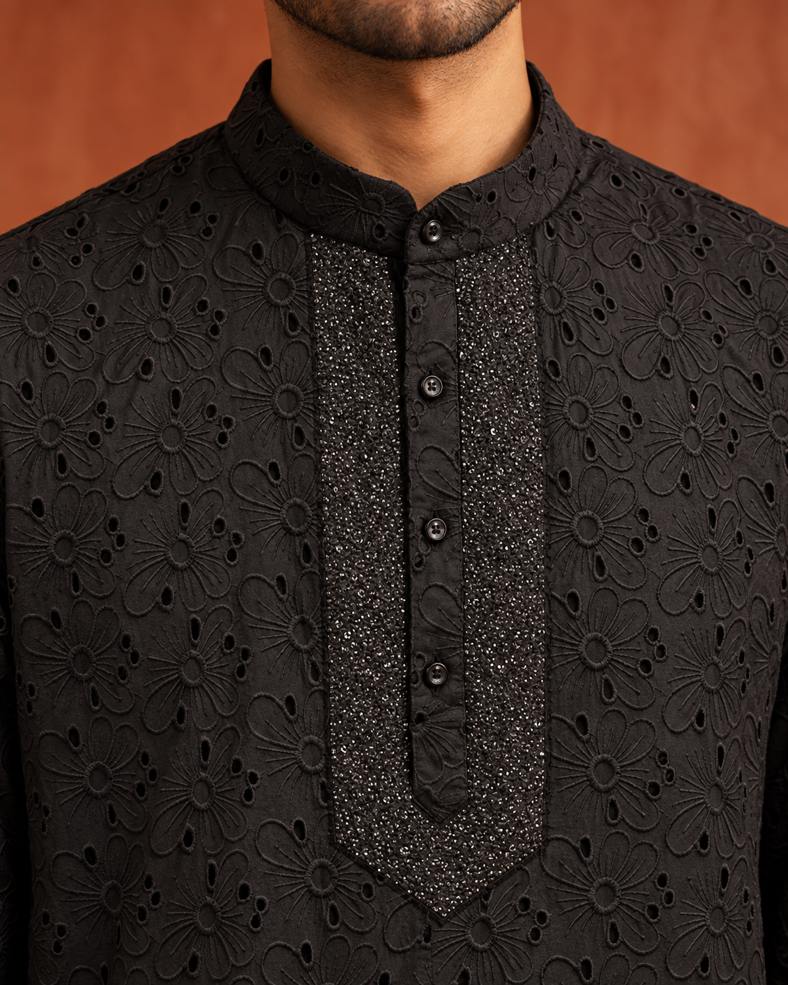 Shab: Black Floral Eyelet Men's Kurta Set — close-up of the garment details.
