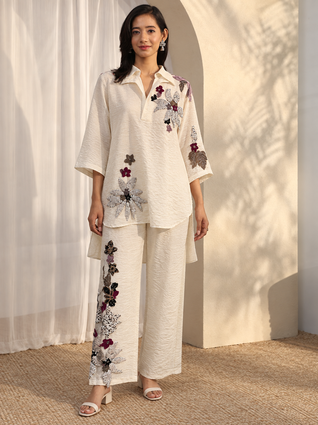 Ivory Floral Embroidered Shirt & Straight Pant Co-ord Set — Product photo 1