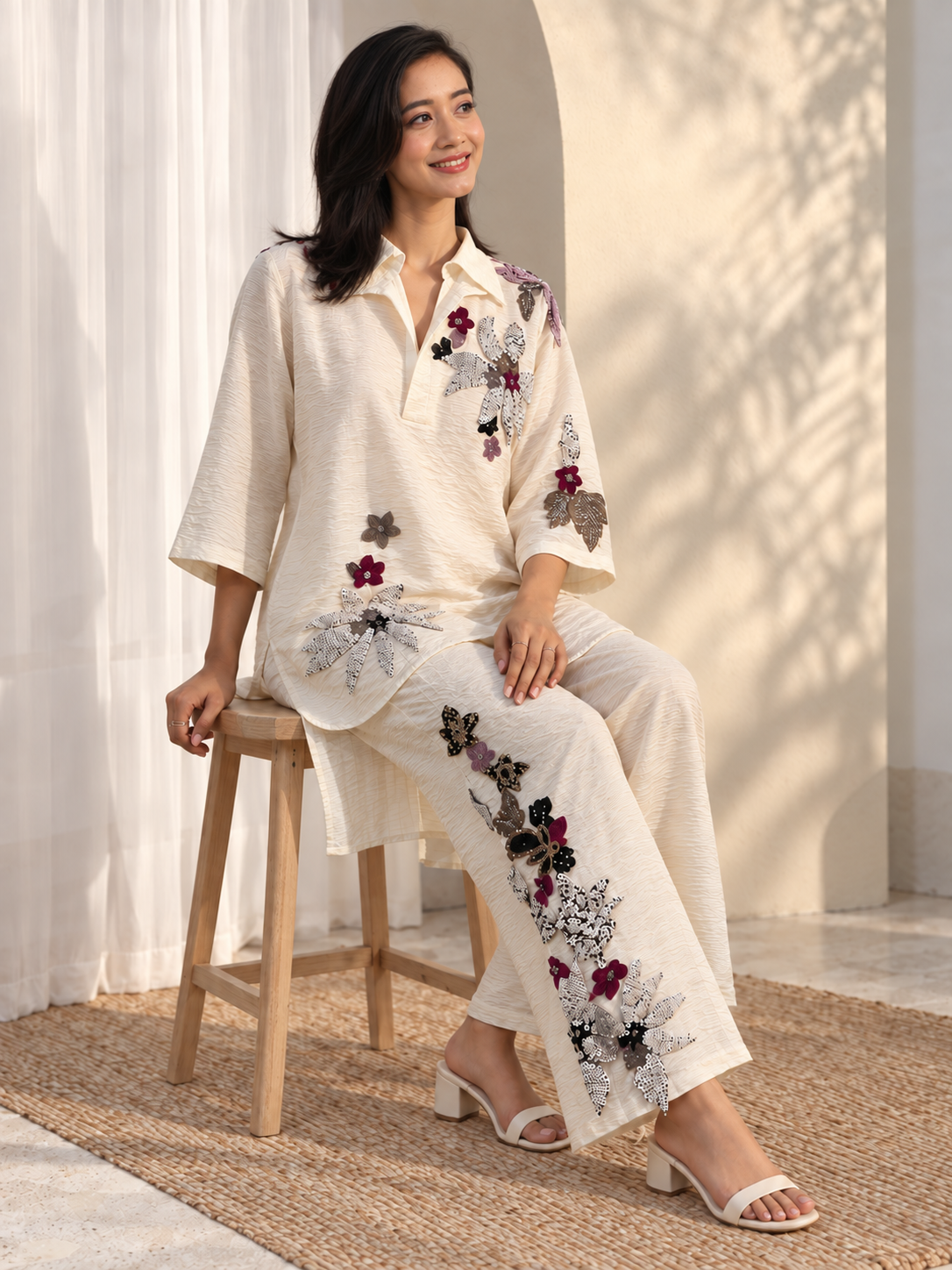 Ivory Floral Embroidered Shirt & Straight Pant Co-ord Set — Product photo 4