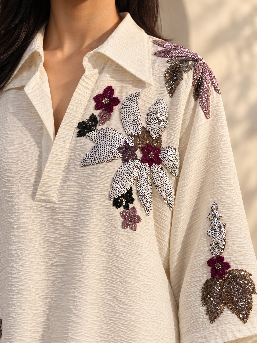 Ivory Floral Embroidered Shirt & Straight Pant Co-ord Set — Product photo 5