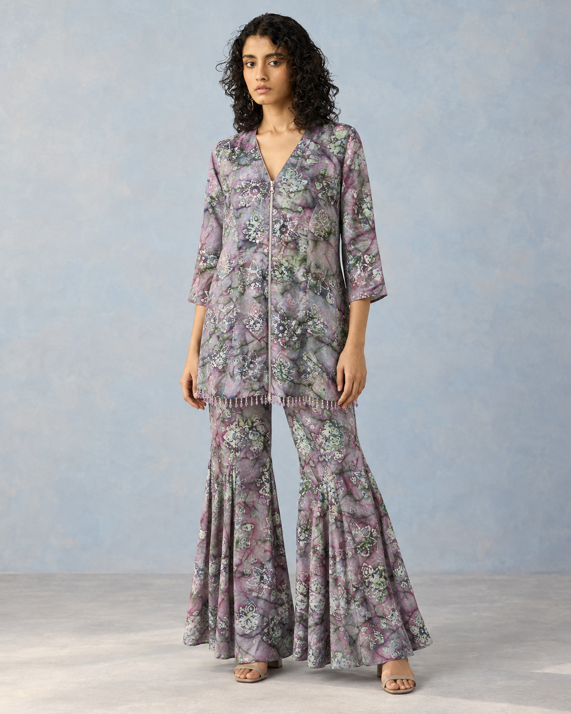Blue-Grey Floral Shirt & Flared Pant Co-ord Set — Product photo 1