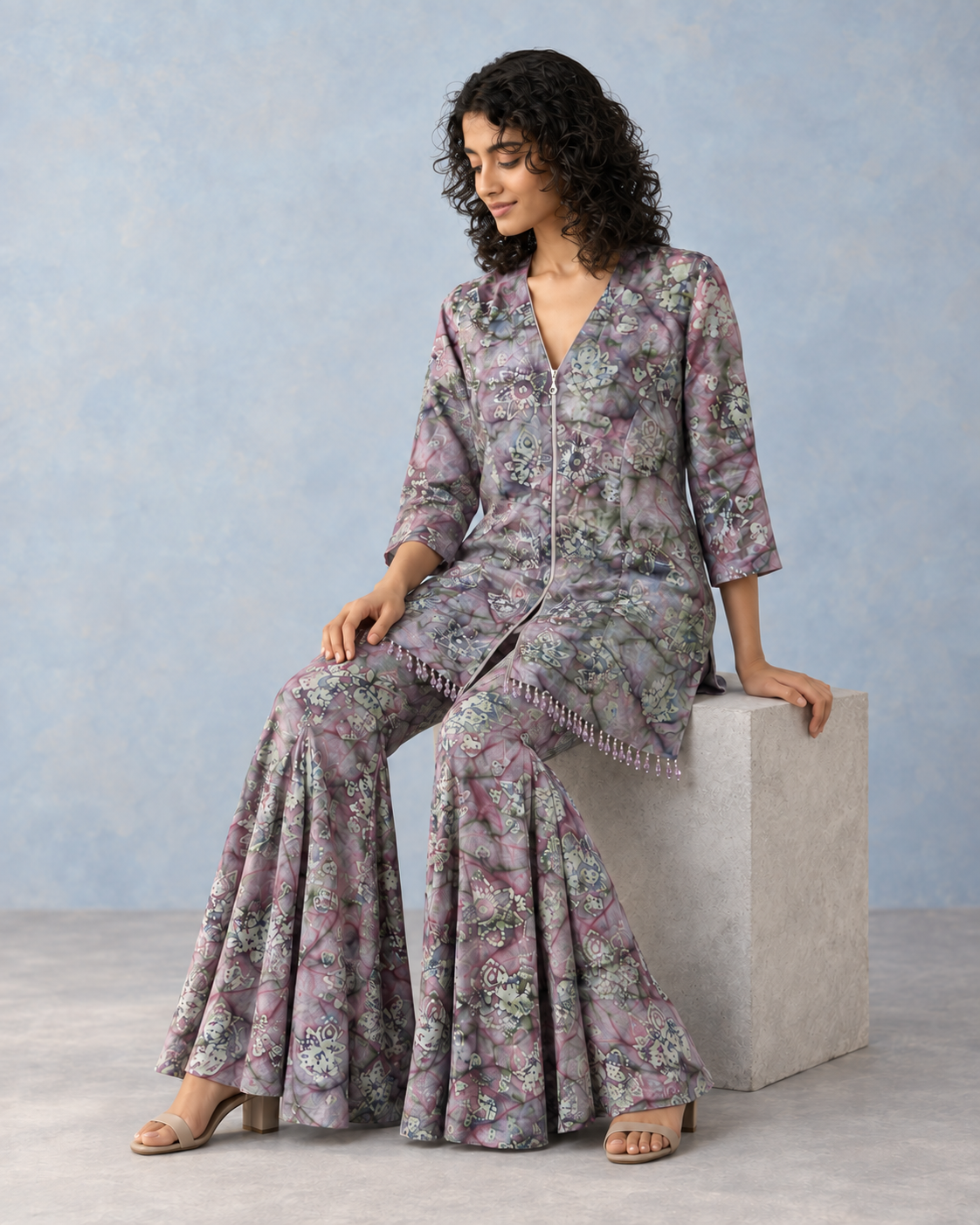 Blue-Grey Floral Shirt & Flared Pant Co-ord Set — Product photo 3
