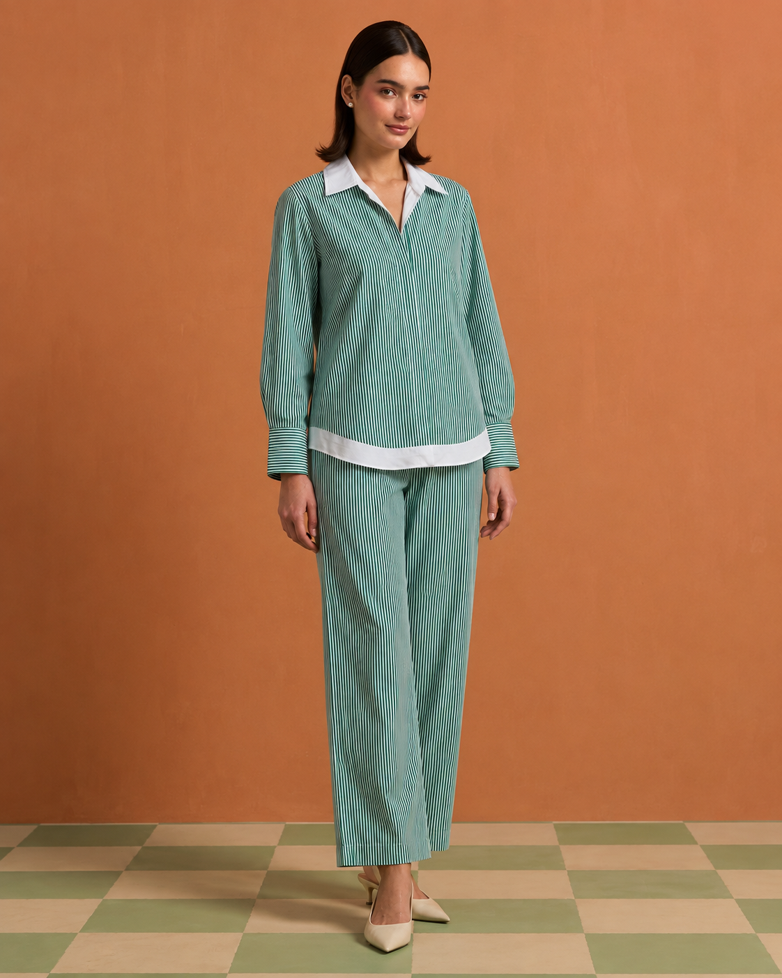 Teal Contrast-Trim Shirt & Straight Pant Co-ord Set — Product photo 1