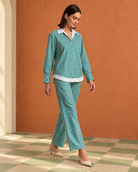 Teal Contrast-Trim Shirt & Straight Pant Co-ord Set — Product photo 2