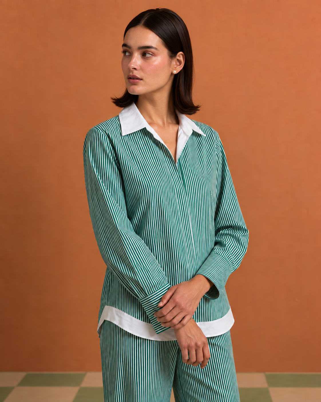 Teal Contrast-Trim Shirt & Straight Pant Co-ord Set — Product photo 4
