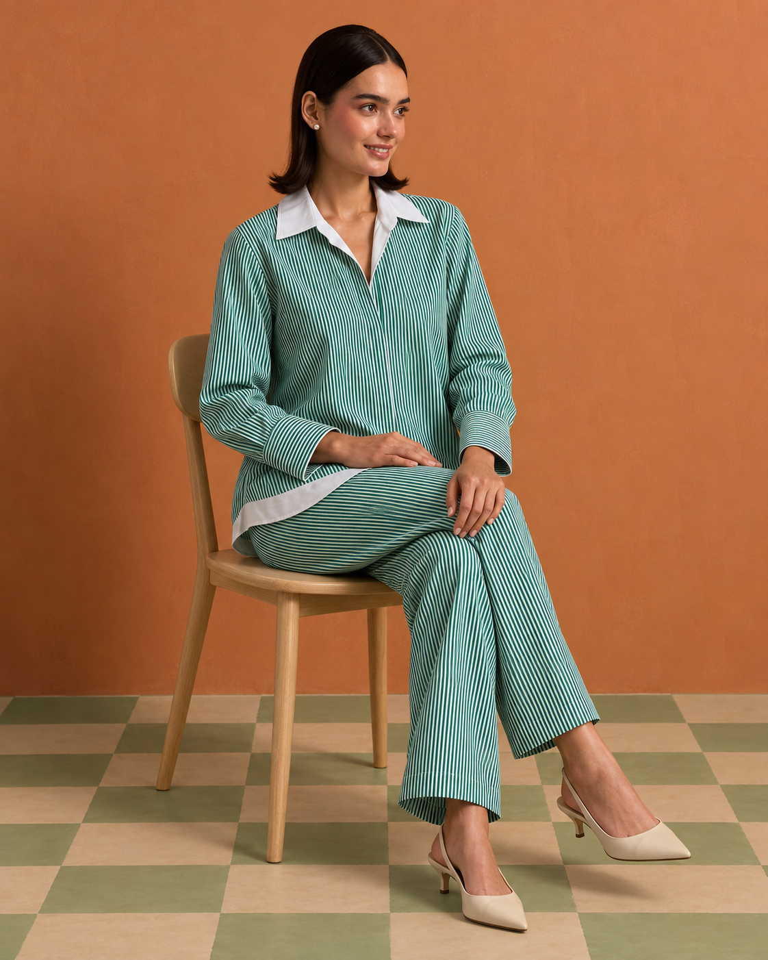 Teal Contrast-Trim Shirt & Straight Pant Co-ord Set — Product photo 5