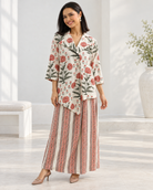 Ivory Floral Wrap Shirt & Striped Pant Co-ord Set — Product photo 1