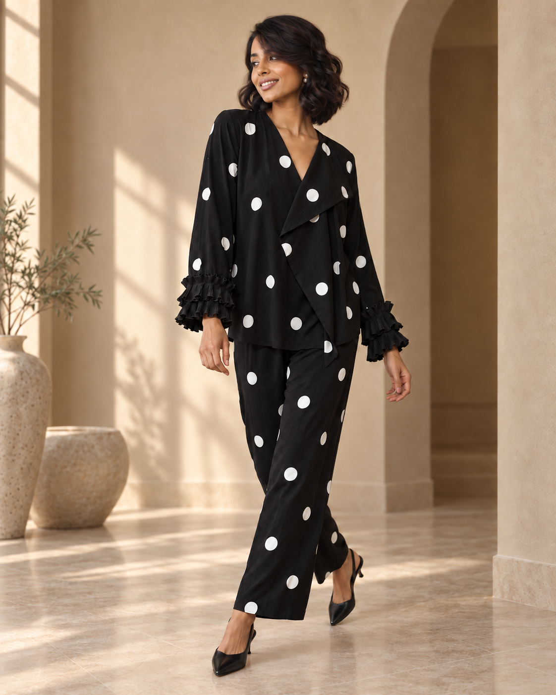 Black Polka-Dot Shirt & Straight Pant Co-ord Set — Product photo 4