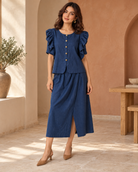 Deep Blue Ruffle-Sleeve Top & Slit Skirt Co-ord Set — Product photo 1