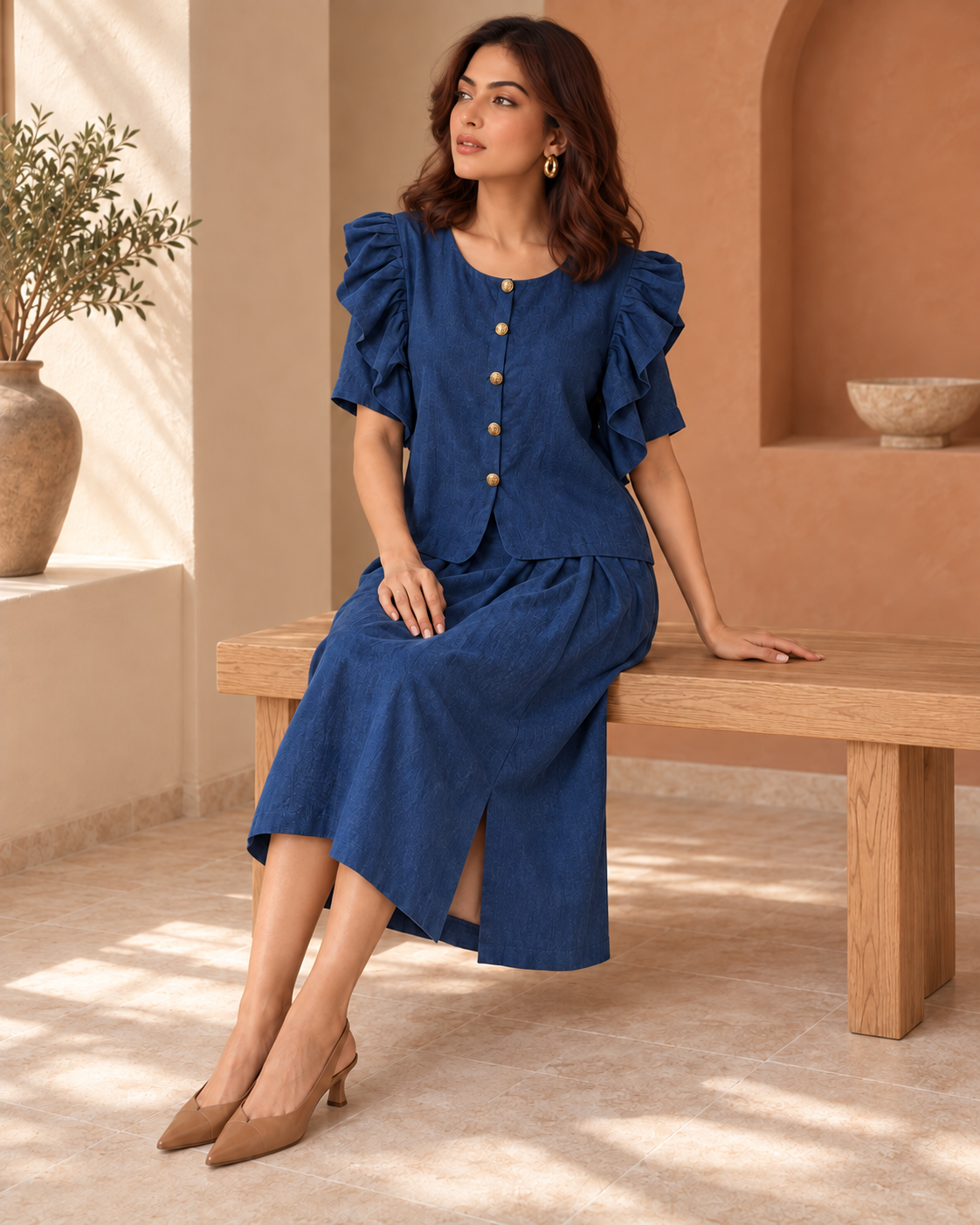 Deep Blue Ruffle-Sleeve Top & Slit Skirt Co-ord Set — Product photo 4