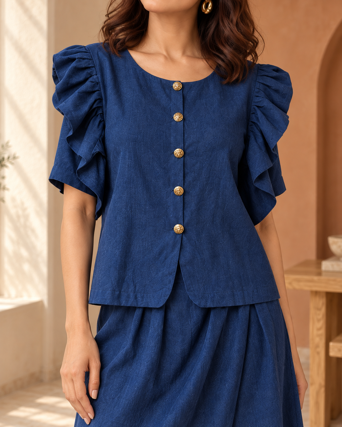 Deep Blue Ruffle-Sleeve Top & Slit Skirt Co-ord Set — Product photo 5