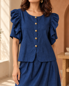 Deep Blue Ruffle-Sleeve Top & Slit Skirt Co-ord Set — Product photo 5
