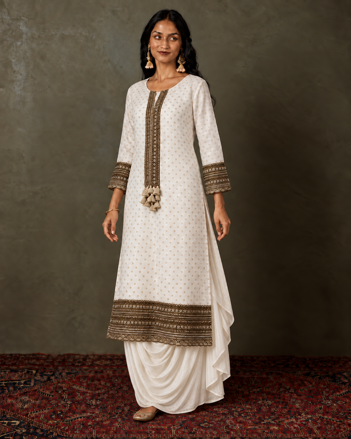 Hemika: Ivory Antique-Gold Buti & Tassel Kurta-Draped Skirt Set — product photo 2