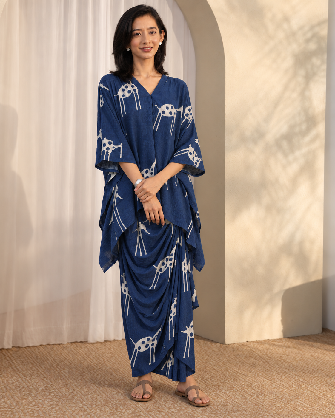 Indira: Navy & Ivory Motif Kaftan Top & Draped Skirt Co-ord Set — product photo 1