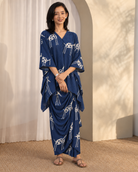 Indira: Navy & Ivory Motif Kaftan Top & Draped Skirt Co-ord Set — product photo 1