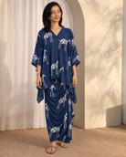 Indira: Navy & Ivory Motif Kaftan Top & Draped Skirt Co-ord Set — product photo 4