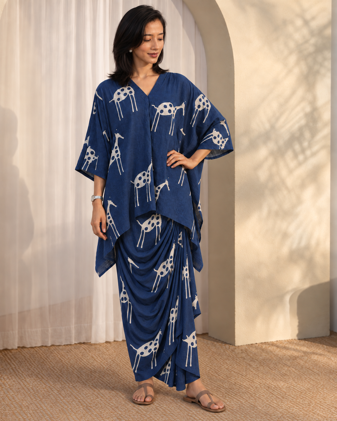 Indira: Navy & Ivory Motif Kaftan Top & Draped Skirt Co-ord Set — product photo 5