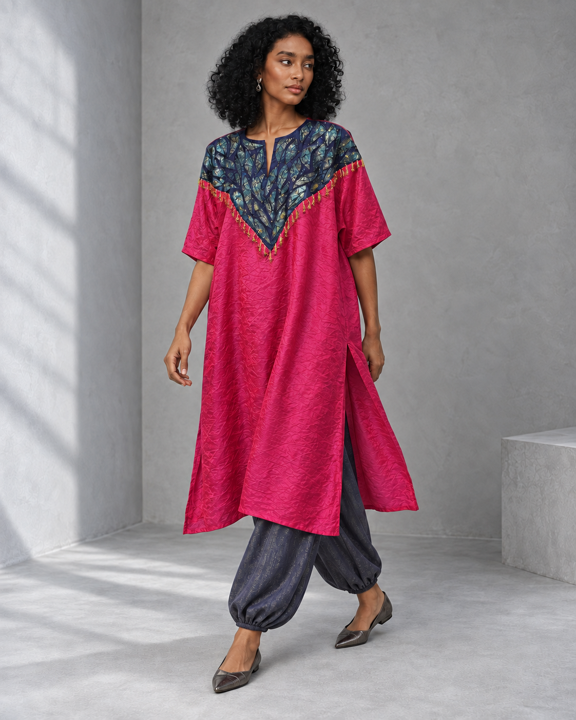 Ketaki: Fuchsia & Indigo Embellished Leaf-Yoke Dhoti Set — product photo 2