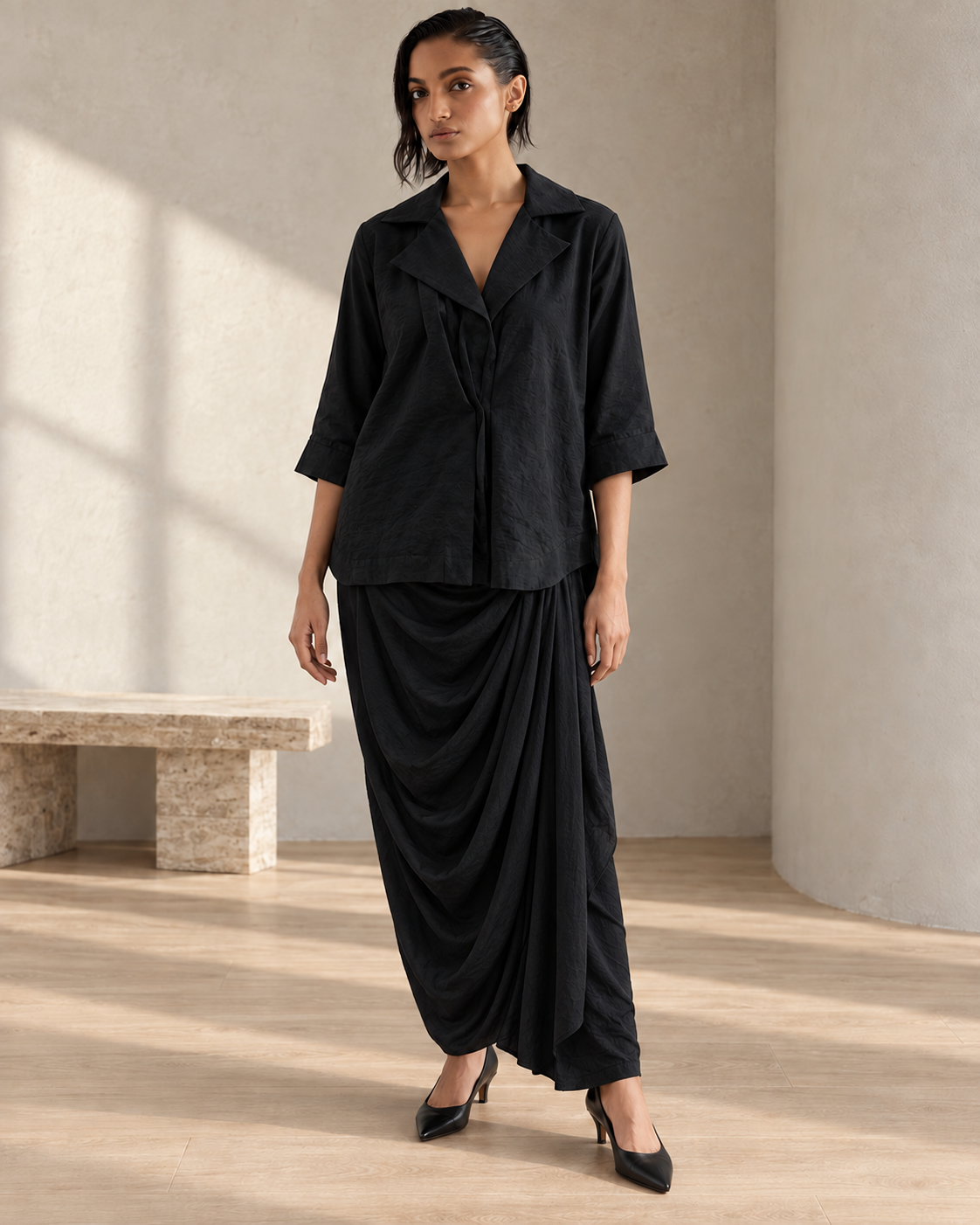 Nishika: Black Relaxed Shirt & Cowled Skirt Co-ord Set — product photo 1