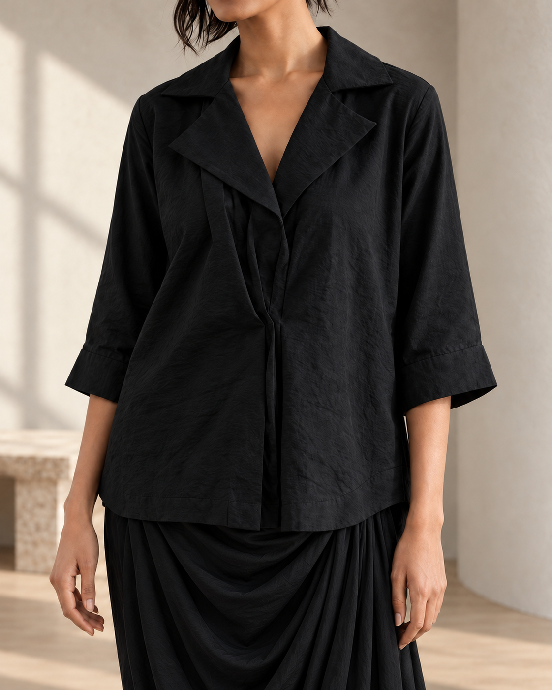 Nishika: Black Relaxed Shirt & Cowled Skirt Co-ord Set — product photo 5