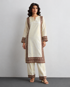 Roshni by House of Somarra — Ivory Burgundy Floral Border Straight Set, product photo 1.