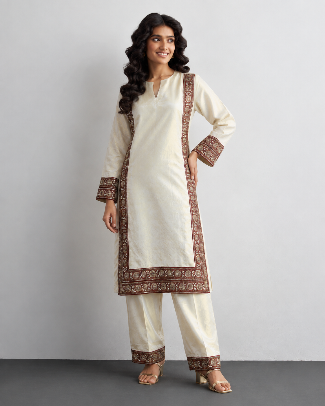 Roshni by House of Somarra — Ivory Burgundy Floral Border Straight Set, product photo 2.
