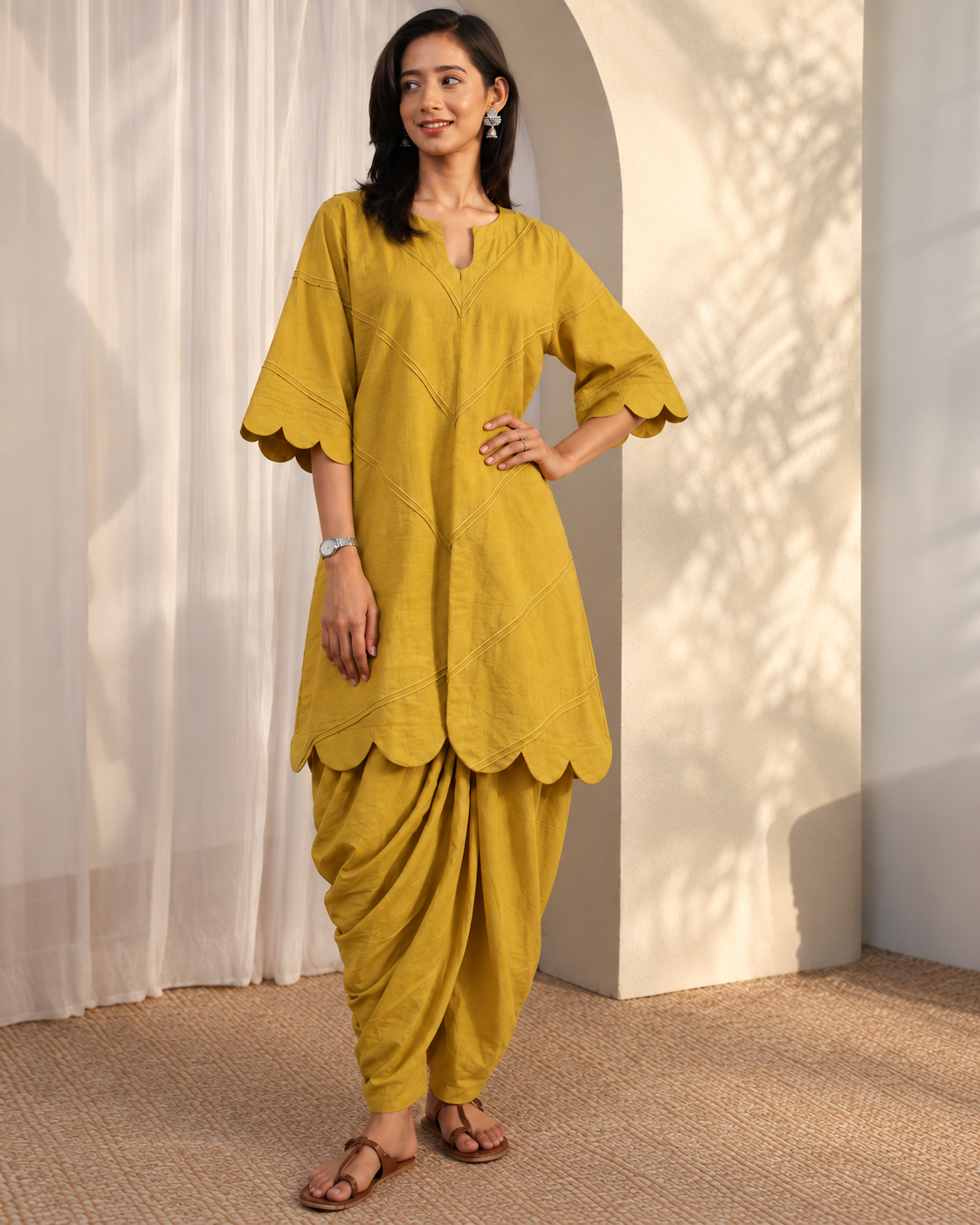 Kesari by House of Somarra — Mustard Scallop Top Dhoti Co-ord, product photo 5.