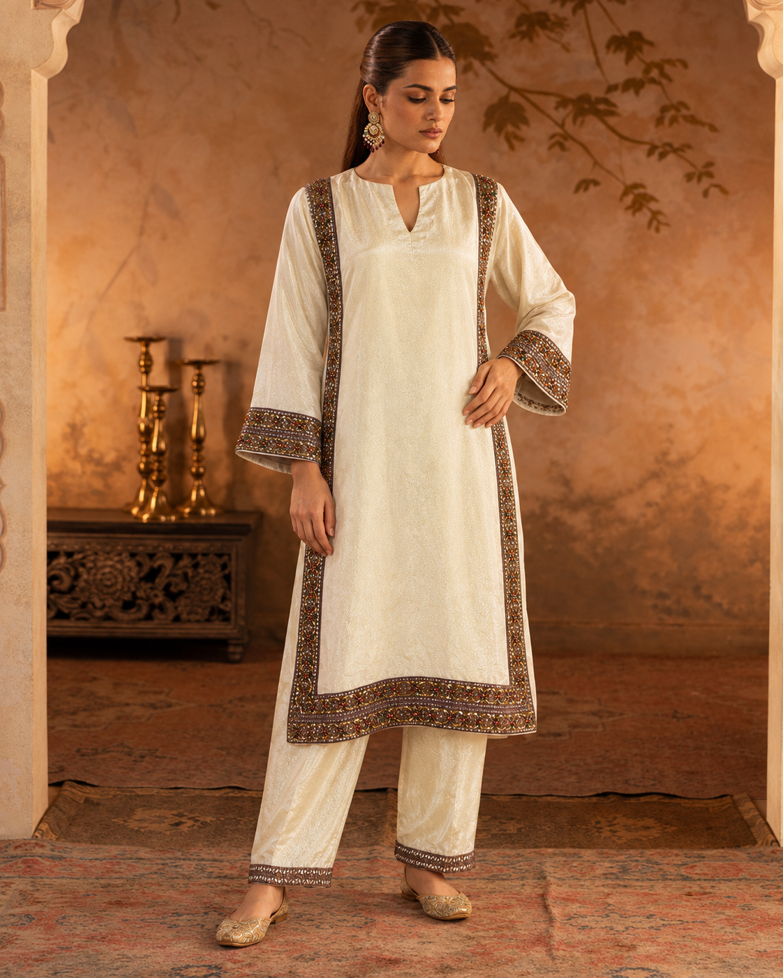 Zareen by House of Somarra — Ivory Multicolour Jewelled Border Straight Set, product photo 1.