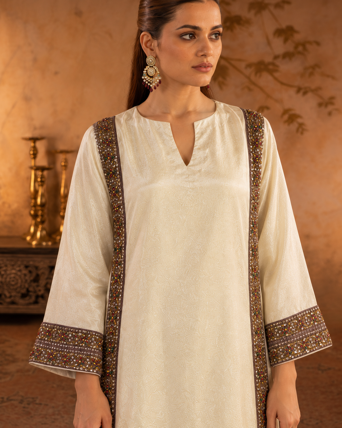 Zareen by House of Somarra — Ivory Multicolour Jewelled Border Straight Set, product photo 4.