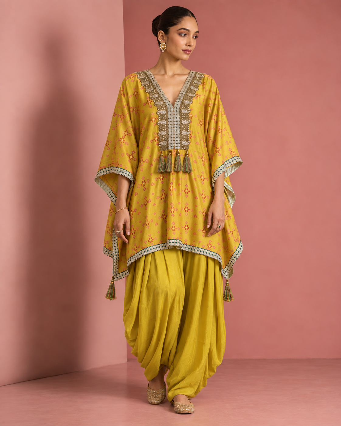 Sunehri by House of Somarra — Mustard Pink Geometric Tassel Kaftan Set, product photo 2.