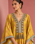 Sunehri by House of Somarra — Mustard Pink Geometric Tassel Kaftan Set, product photo 5.
