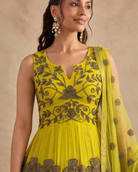 Zinnia Lime-Yellow Anarkali Set by House of Somarra — Yellow Antique Gold Vine Anarkali, product photo 2.