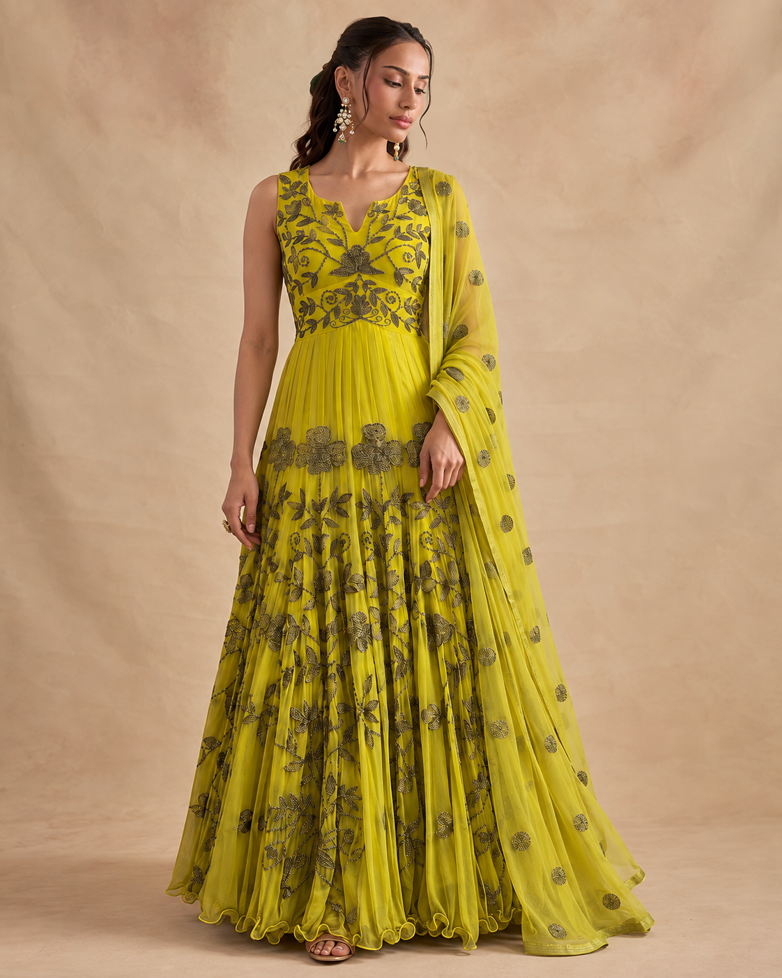 Zinnia Lime-Yellow Anarkali Set by House of Somarra — Yellow Antique Gold Vine Anarkali, product photo 3.